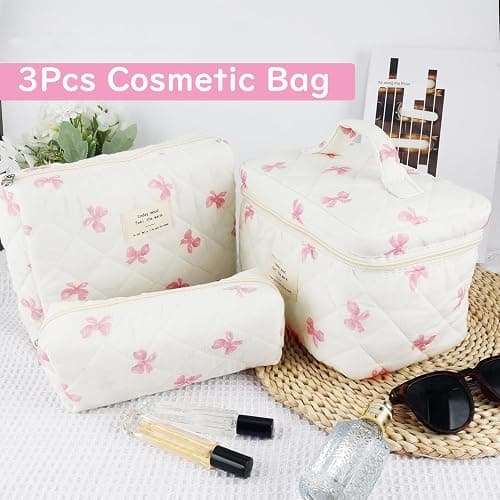 [3 Pack] Makeup Bag for Women Girls, Cute Cosmetic Bag,Travel Make Up Organizer Bag,Large Cotton Quilted Travel Cute Floral Make up Bag,Wide Open Portable Pouch (C-Pink) thumbnail 4