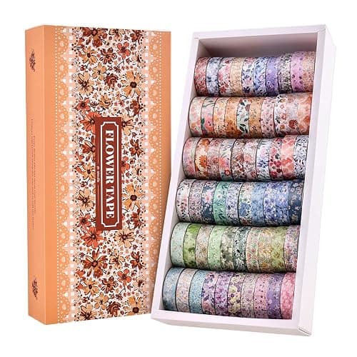icceemee 60 Rolls Flowers Theme Washi Tape Set with Different Colorful Patterns, Writable Decorative Tapes for Scrapbooking, Junk Journal Supplies, Bullet Journaling, 0.39'' x 79'' per Roll - Image 1