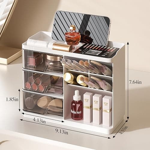 Delamu Makeup Organizer with Drawers, Multi-Function Vanity Organizer Countertop, Stackable Desk Organizer for Makeup Brush Lipstick Skincare Bathroom Vanity Organization and Storage, White - White thumbnail 2