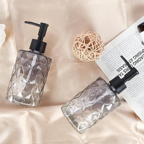 Ulable Glass Soap Dispenser with Plastic Pump, 2 Pack 12oz Gradient Diamond Design Black Soap Dispenser for Dishwashing Liquid, Lotion Shower Gel thumbnail 2