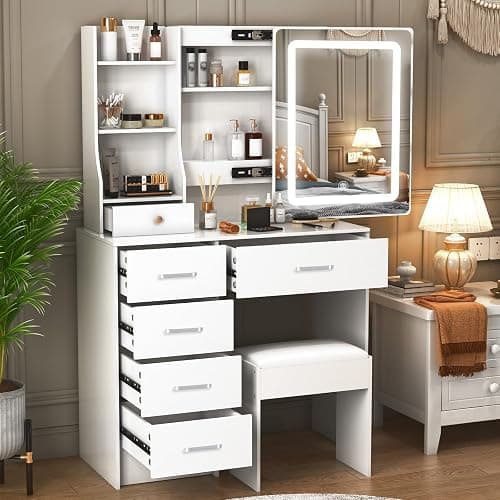 Hikooo White Modern Vanity Desk, Vanity Table with 5 Drawers, Storage Shelves and Stool, 3 Color Modes Adjustable Brightness Dressing Table for Dressing Table for Bedroom Dressing Room thumbnail 3