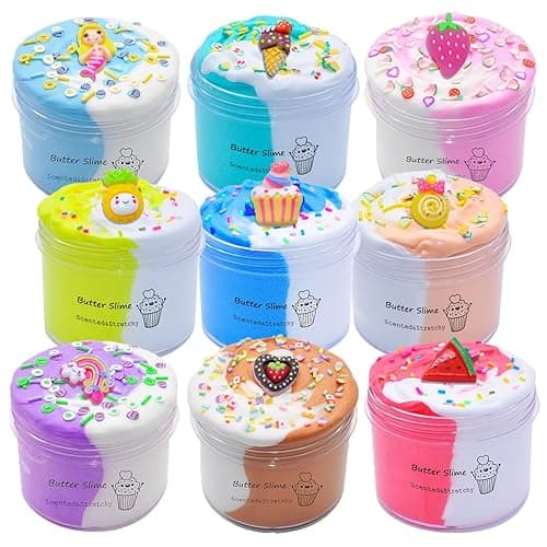 KMBTQRE Butter Slime Kit Two-Toned 9 Packed for Girl Boys Party Favors Toys, Stocking Stuffers for Kids 6 7 8 9 10 11 12 Years Old