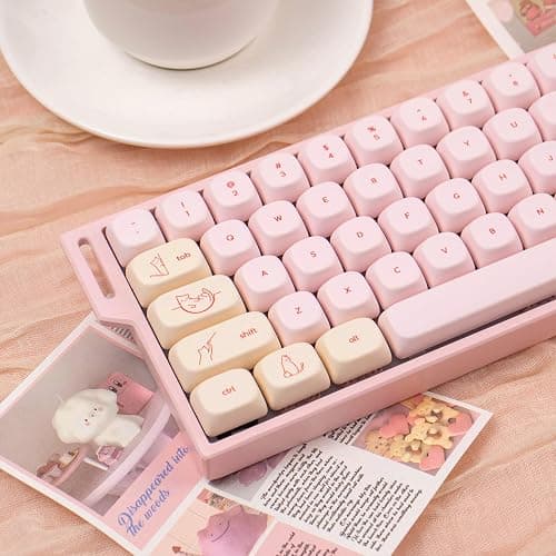 MOA Profile PBT Keycaps, Cute Pink Cat Keycaps Set, 128 Keys Custom Round Keyboard Cap, Dye-Sublimation Minimalist Key Cap Comaptible with 61/64/87/104/108 Cherry MX Switches Mechanical Keyboards - Image 1