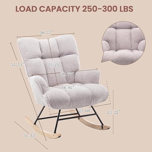 SAETSFEG Rocking Chair Nursery Teddy Upholstered Glider Rocker Rocking Accent Chair Padded Seat with High Backrest Armchair Comfy Side Chair for Living Room Bedroom Offices (Grey Teddy) thumbnail 2