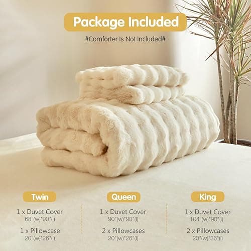 Tokokimo Fluffy Fleece Queen Size Duvet Cover Set, Ultra Soft Reversible Heavyweight Bedding Set, Extra Warm Winter Duvet Cover Set with 2 Pillow Cases, All Season Fuzzy Comforter Cover Set, Beige thumbnail 8