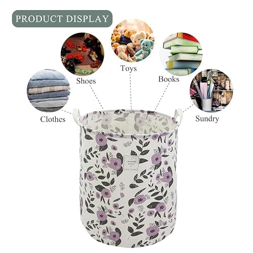 Mziart Collapsible Laundry Basket, Floral Printing Large Laundry Hamper for Baby Girls Kids Toys Clothes Organizer Foldable Storage Bin Waterproof Canvas Nursery Storage Basket with Handles (Purple) thumbnail 4
