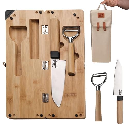 Foldable Bamboo Cutting Board Set - with Knife, Peeler, Bag & Built-in Sharpener – Portable Compact Chopping Board for Camping, Picnic, Travel & Kitchen – Non-Slip, Eco-Friendly, Multi-Purpose Design - Image 1