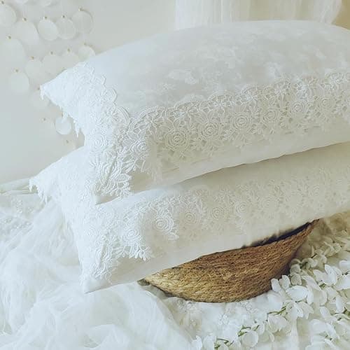 High-End White Pillow Cover with Carved Art & Lace,Floral Pillow Shams 20x26 Inch Set of 2,Pillowcases Standard Size for Farmhouse Décor Pillowcases thumbnail 5