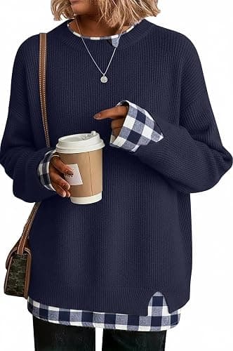 Womens Sweaters Fall Clothes Fashion 2026 Sweater School Teacher Outfits | Disamer Womens Sweater,Cowboy Chic Knit Cozy Sweater,Patchwork Long Sleeve Pullover Tops,Layered Winter Oversized Sweaters - Image 1