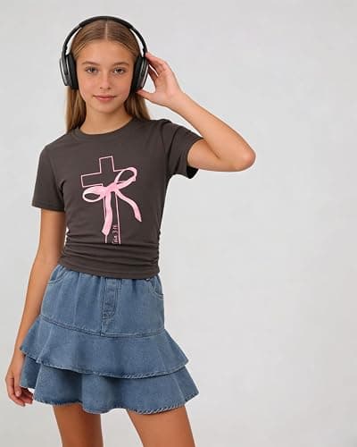 Cakaner Tween Girls Skirt Set Short Sleeve T-Shirt and Ruffle Tiered Denim Skirt Summer Casual 2 Piece Outfit Size 7-14 thumbnail 3