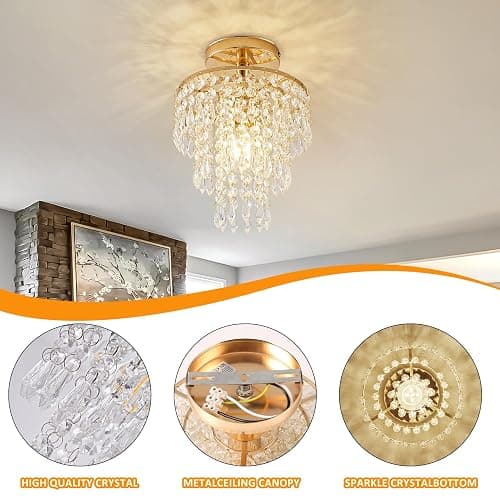 Modern Mini Crystal Chandelier, 3-Tier Raindrops Design Small Chandelier Light Fixture, Flush Mount Ceiling Light Fixture for Bedroom, Hallway, Living Room - E26 Base, Chandelier for Bedroom (Gold) thumbnail 4