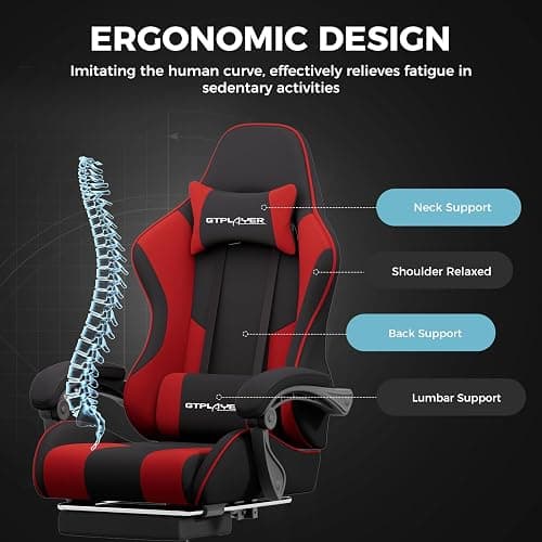 GTPLAYER Gaming Chair, Computer Chair with Footrest and Lumbar Support, Height Adjustable Game Chair with 360°-Swivel Seat and Headrest and for Office or Gaming (RED, Fabric) thumbnail 7