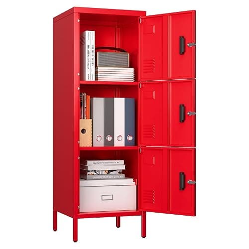 SUPEER Metal Storage Locker with Ventilation Holes, Metal Storage Locker with Lock and Card Slot for School, Office, Home,47.3" H x 15.8" W x 15.8" D,Assembly Required,Red - Image 1