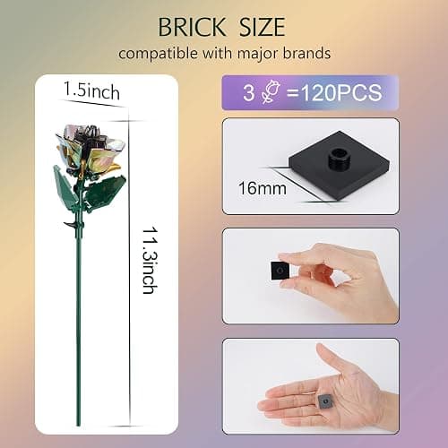 KIYOJIN Rose Flower Bouquet Building Set,Botanical Collection Rainbow Artificial Plant Compatible with Lego Gift for Adult Home Decor(Black 120pcs) thumbnail 6