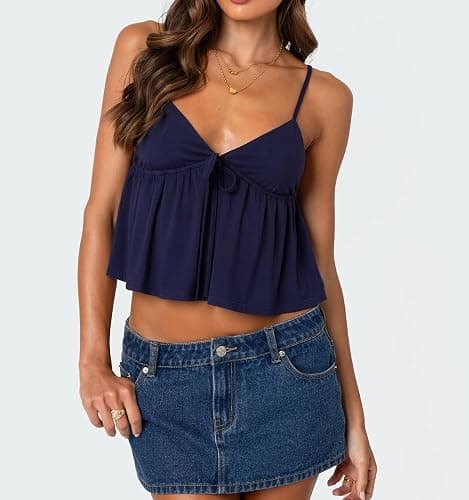 Women Y2k Babydoll Cami Top Spaghetti Strap V Neck Tie Tank Tops Summer Going Out Ruffle Hem Crop Camisole thumbnail 2