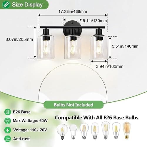 Zarbitta 3-Light Bathroom Light Fixtures, 17.23" Black Modern Vanity Lights with Clear Glass Shade, Bathroom Wall Lamp for Mirror Kitchen Living Room Hallway Cabinet Porch thumbnail 7