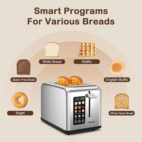 Mecity 2 Slice Toaster Touch Screen 1.5" Wide Slot, Stainless Steel Smart Bread Toaster for Bagel Muffin Waffle Gluten Free Breads, Timer, Defrost, Reheat, 120V 825W - Stainless Steel thumbnail 3