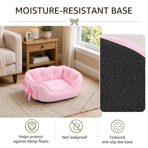 Pink Dog Bed for Small Breeds Breathable Princess Bowknot Puppy Cat Cushion | Soft Short Plush Cover PP Cotton Filling Moisture-Resistant Nonslip Oxford Base Lightweight Sofa Ideal Kittens Naps Lounging thumbnail 5
