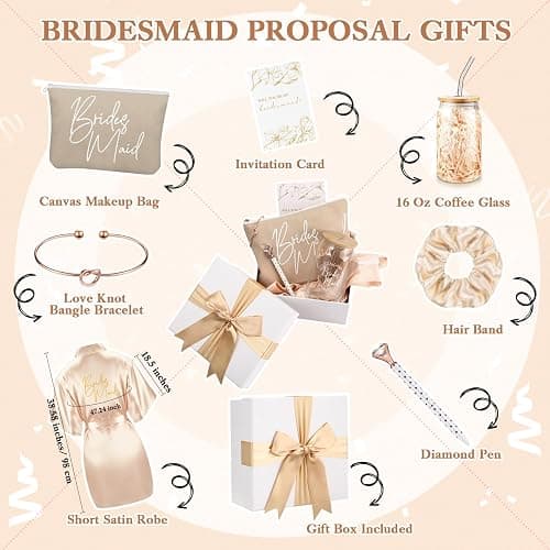 Irenare Bridesmaid Proposal Gifts Set Robes Makeup Bag Cup Cards Hair Tie Bracelet Diamond Pen Bridesmaid Gift Box(Champagne,8 Pcs) thumbnail 4