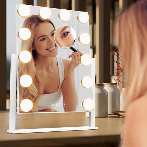 Dirket Vanity Mirror with Lights, Hollywood Lighted Makeup Mirror with 3 Color Lighting Modes and 12 Dimmable Bulbs, Detachable 5X Magnification, Smart Touch Control, 360°Rotation, White thumbnail 6