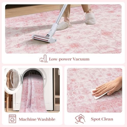 LIVEBOX 8x10 Pink Area Rug for Living Room, Vintage Soft Washable Bedroom Area Rugs, Non-Slip Foldable Floral Rug, Indoor Carpet for Dining Room Nursery Dorm Home Decor thumbnail 5