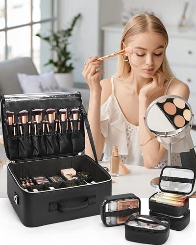 Relavel Extra Large Makeup Bag,Professional Makeup Train Case for Makeup Artists,Travel Cosmetic Organizer Box with 4 Small Portaleb Case Bag&Brush/Lipstick Plate,Adjustable Compartments Dividers thumbnail 2