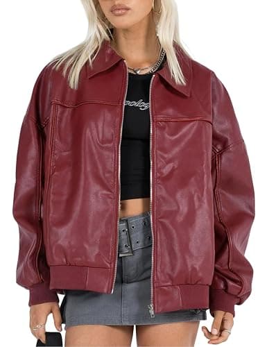 EsheSy Women's Oversized Leather Jacket Faux Suede Boyfriend Motorcycle Full Zip Bomber Jacket - Image 1