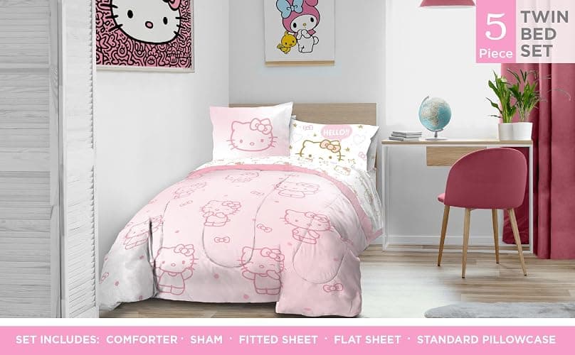 Jay Franco Hello Kitty Twin Comforter Set - 5 Piece Bedding Includes Sheet Set & Pillow Covers - Super Soft Pink Bedding - Twin - Pink - Hello Kitty thumbnail 2