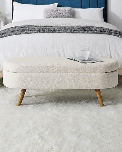 ECLYL Oval Storage Bench 43.5" Linen Fabric Upholstered Entryway Bench with Solid Wood Legs Ottoman Bench Indoor Bench for Living Room/Bedroom/End of Bed/Entryway (Beige) thumbnail 7