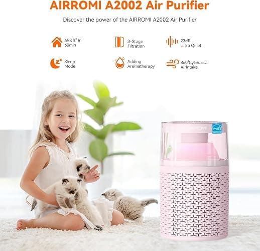 AIRROMI Pet Air Purifier for Home & Bedroom, HEPA Activated Carbon Filter, Removes Pet Dander & Odor, Allergies, Smoke, Hair, Night Light, Fragrance Sponge, Up to 658 ft², A2002 Pink thumbnail 3