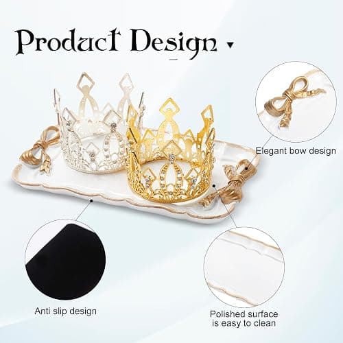 Warmtree Vintage Jewelry Organizer, Decorative Tray for Jewelry, Towel, Storage, Rings, Bracelets, Earrings, Cosmetics, Retro Design, Bow Decor Resin Plate Coquette for Room Decor, White thumbnail 4
