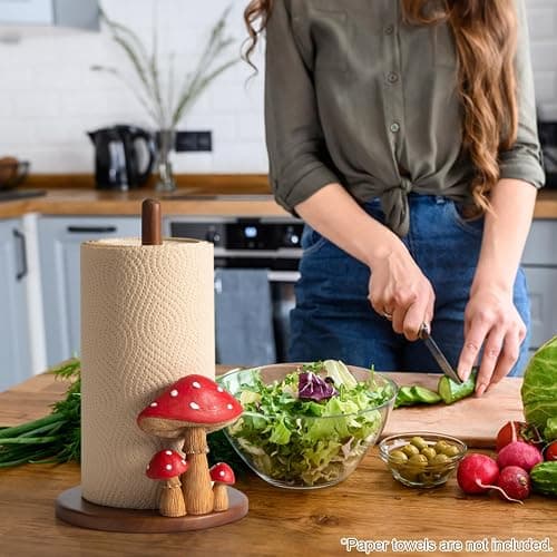 Mushroom Paper Towel Holder - Cottagecore Decor Mushroom Kitchen Home Cottagecore Accessories Cute Stuff, Unique Wood Paper Towel Holder Stand Kitchen Countertop 12.5×7 in thumbnail 6