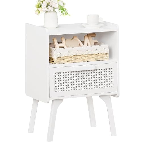 Lerliuo Rattan Nightstand, Side Table with Drawer Open Shelf, Cane Accent Bedside End Table with Solid Wood Legs, Mid Century Modern Night Stand for Bedroom, Dorm and Small Spaces (White) - Image 1