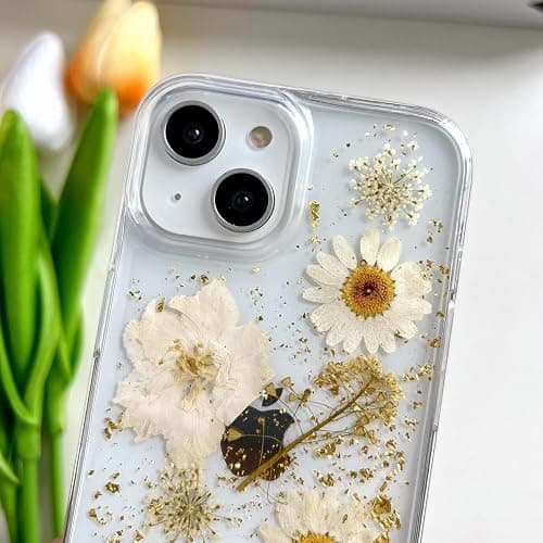 LSEEKA for iPhone 13 / iPhone 14/ iPhone 15 Clear Case with Pressed Real Flowers Design,Glitter Cute White Floral Pattern Soft TPU Protective Women Girl's Phone Cover for iPhone 13/14/15 thumbnail 5