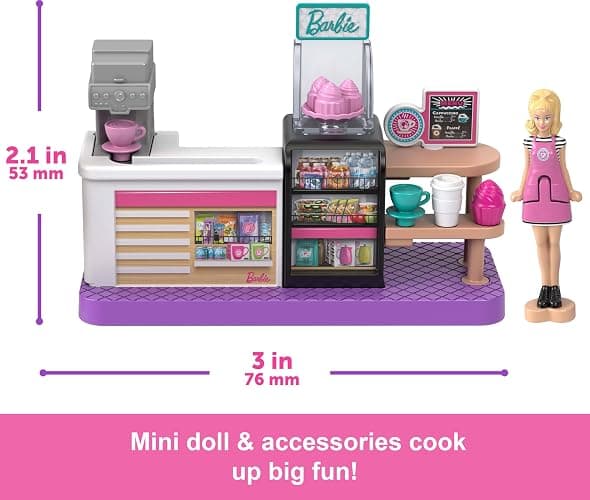 Barbie Mini BarbieLand Collectible Bakery Playset with 1.5-Inch Doll, Coffee Maker Station, Pastry Display and Seating Area for Storytelling Play thumbnail 3