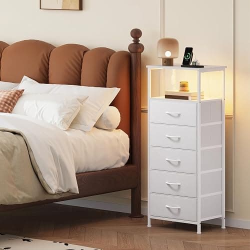 Somdot White Nightstand with Charging Station and LED Light for Bedroom, Tall 5 Drawers Dresser with Fabric Bins for Bedside Kids Dorm Room Closet Laundry Entryway, White Leather thumbnail 2