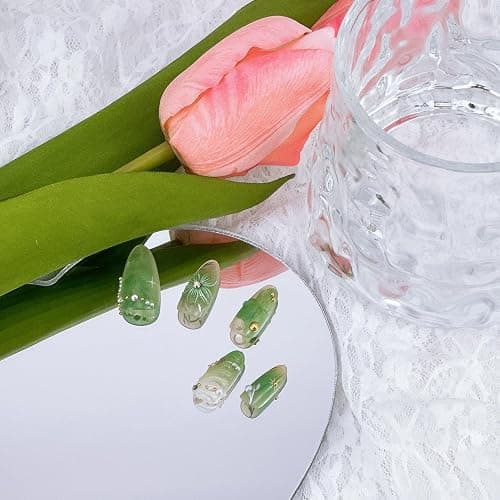 30Pcs Green Press on Nails Medium Almond Fake Nails with 3D Pearl Gold Beads Designs Stick on Nails 3D Flower Butterfly False Nails Spring Summer Acrylic Nails Silver Star Glue on Nails for Women thumbnail 4