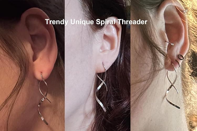 Spiral Threader Earrings, 18G Hypoallergenic 316L Stainless Steel Drop Dangle Handmade Twisted Linear Curved Dangling Minimal Earrings for Sensitive Ear with Gift Box thumbnail 2