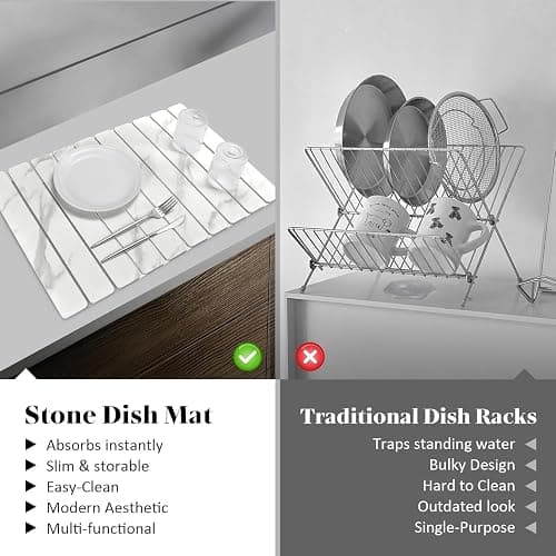 Large Stone Dish Drying Mats for Kitchen Counter, Quick Dry Dish Drying Mats, Foldable Absorbent Diatomaceous Earth Mats for Dishes Cups, Match Any Countertop (24"×16" & 8"x4" White Marble ) thumbnail 6
