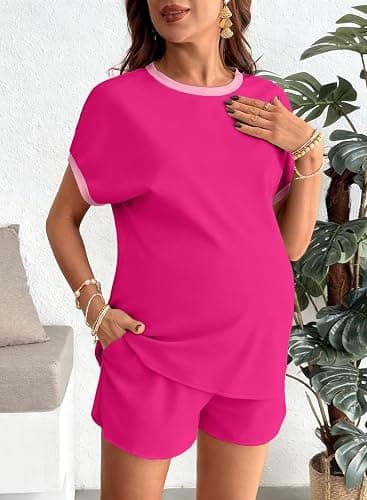 BLENCOT Maternity Sets Short Sleeve Top and Shorts Pajamas with Pockets | Maternity Lounge Set for Women Summer Fall 2 Piece Drawstring Waist Outfits Pregnancy Sets Postpartum Pajamas thumbnail 4