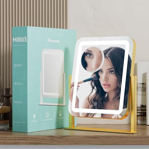 PRIMETEK Vanity Mirror with Lights, 16"x14" Large LED Lighted Makeup Mirror, Hollywood Makeup Mirror, Touch Screen, 3-Color Lighting, 5X Magnification, for Vanity Desk Tabletop, Bedroom, Gold thumbnail 8