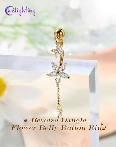 Melighting 14G Lotus Belly Button Ring Dangle Navel Ring Surgical Steel | 316L Reverse Belly Piercing Jewelry AAA Cubic Zircon, 10 mm Silver Gold Double Flower Barbell Bar Body Jewellery for Women thumbnail 6