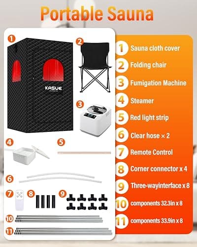 KASUE Portable Steam Sauna Tent for Home, Infrared Sauna with 3L Steamer, 9 Temp Levels & 99 Min Timer, 5-Layer Waterproof Insulated, Folding Chair Included, Indoor Spa (Light Black) thumbnail 6