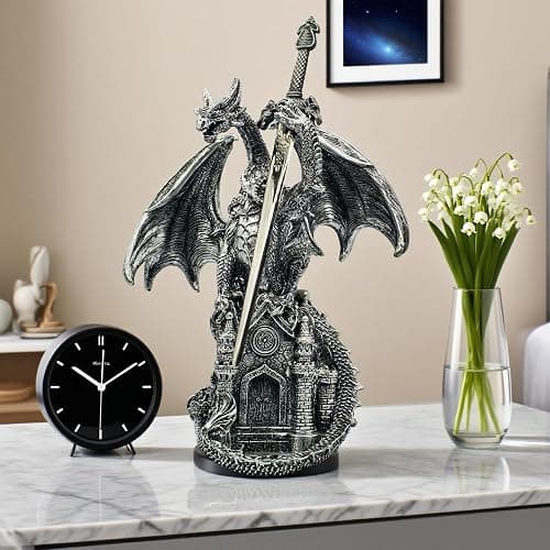Hmusnwol Dragon Statue with Medieval Sword-Collection Figurine Fantasy Decor - Silvery Dragon Standing Gothic Castle for Tabletop Bookshelf Housewarming Gifts thumbnail 5