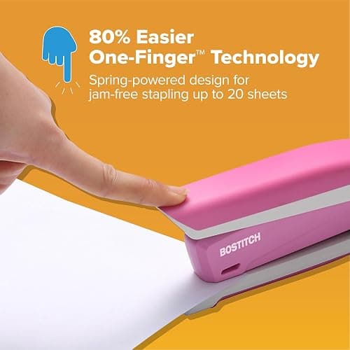 Bostitch Office InPower Spring-Powered Desktop Stapler, 20 Sheet Capacity, One Finger Stapling, Includes 210 Staples, Jam Free, Opens for Tacking, Breast Cancer Awareness Pink thumbnail 3