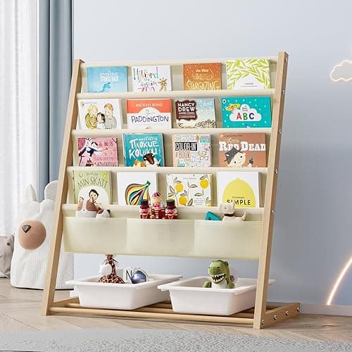 Kids Bookcase, Kids Bookshelf 4 Sling Book Rack and 3 Toys Organizer Shelves Sided Book Display with Storage Classroom Bookshelf 4 Tier Beige thumbnail 2
