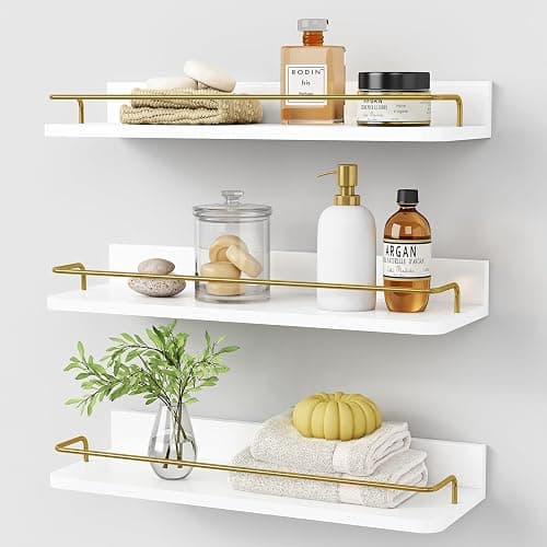 Forbena Gold Floating Shelves for Wall Decor Set of 3, Bathroom Shelves Over Toilet, Modern Display Wall Shelf with Guard Rail for Living Room Bedroom Organizers and Storage - White and Gold - Image 1