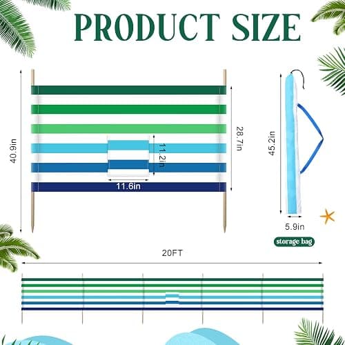  20ft Stripe Beach Windscreen Set Long Privacy Screen with 6 Hardwood Poles Rubber Mallet and Carry Bag Portable Beach Fence Wind Blocker for Summer Outdoor Sand Wind Protection thumbnail 3