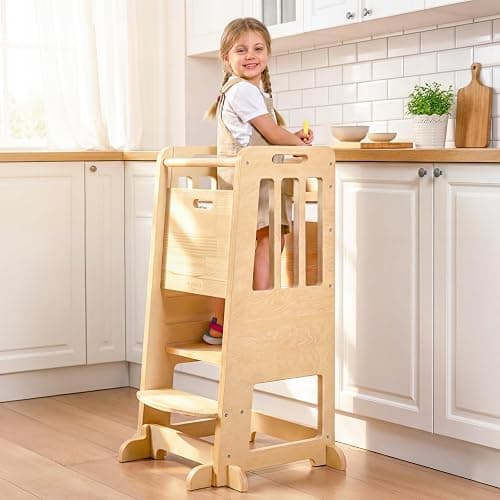 WINGYZ Toddler Tower - Anti-Tip Natural Wood Learning Stool for Kids 18M-6Y, 150lb Capacity Kitchen Helper Stool with 3-Height Adjustable Platform and Sliding Door Access, 20lb Portable Design, Wood - Image 1