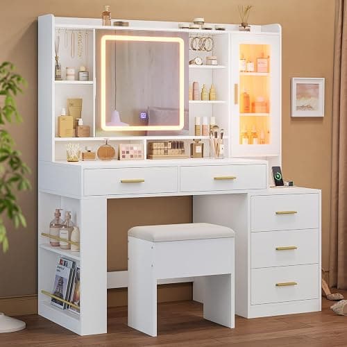 DICTAC Makeup Vanity Desk with Sliding LED Lighted Mirror, 47.2"W Large Vanity Desk with Drawers, Shelves and Side Storage, RGB Glass Cabinet, White Vanity Table Set with Charging Station for Bedroom - Image 1